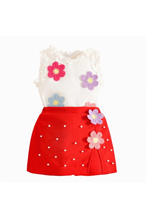 Toddler Girl Summer Clothes Ruffled Sleeve Ribbed Knit T-Shirt Tops Cute Floral Shorts Set 2Pcs Outfits(Red,3 Years)