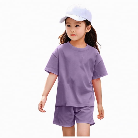 Ccpelsie Toddler Girls Clothes Outfits Summer Ruffle Ribbed Flower T Shirt Shorts Set Clothes for Girls(Purple,6-7 Years)