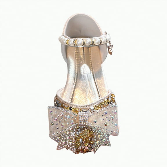 Ccpelsie Toddler Girls Dress Shoes Flower Girls Mary Jane Ballet Flats Decorative Lace-Up Ankle Strap Wedding Princess Shoes(Gold,6)