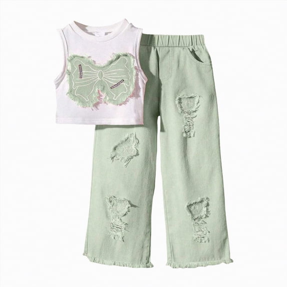 Ccpelsie Toddler Kids Girls Summer 2-Piece Suit Little Girls Short Sets Girls Sunflower Sleeveless Suit(Green,5-6 Years)
