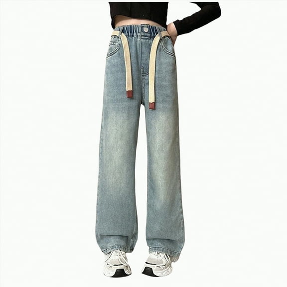 Ccpelsie Toddler Little/Big Girl's Baggy Jeans Wide Leg Low Rise Y2k Elastic Waist Loose Jeans Denim Pants for Kids(Blue,8-9 Years)