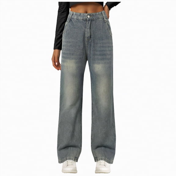 Ccpelsie Wide Straight Leg Mid Rise Baggy Pocket Denim Jeans Without Belt(Blue,M)