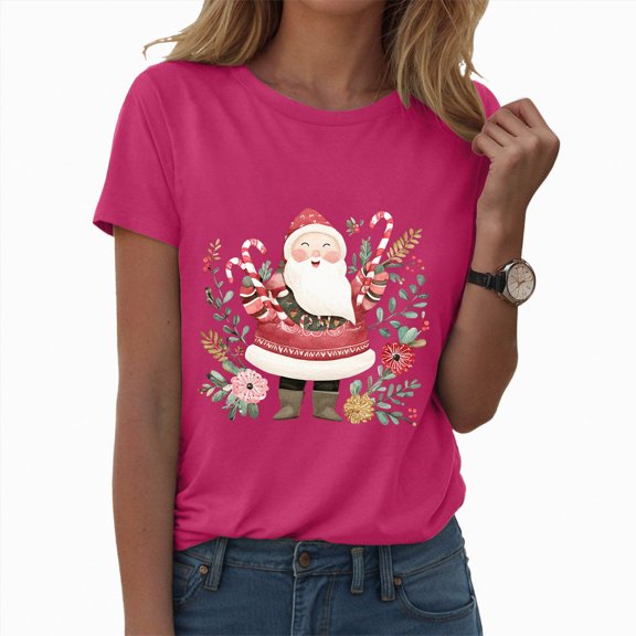 Ccpelsie Women Christmas Shirts Merry Christmas Printed Short Sleeve T-Shirts Xmas Holiday Tees Tops(Hot Pink,L)