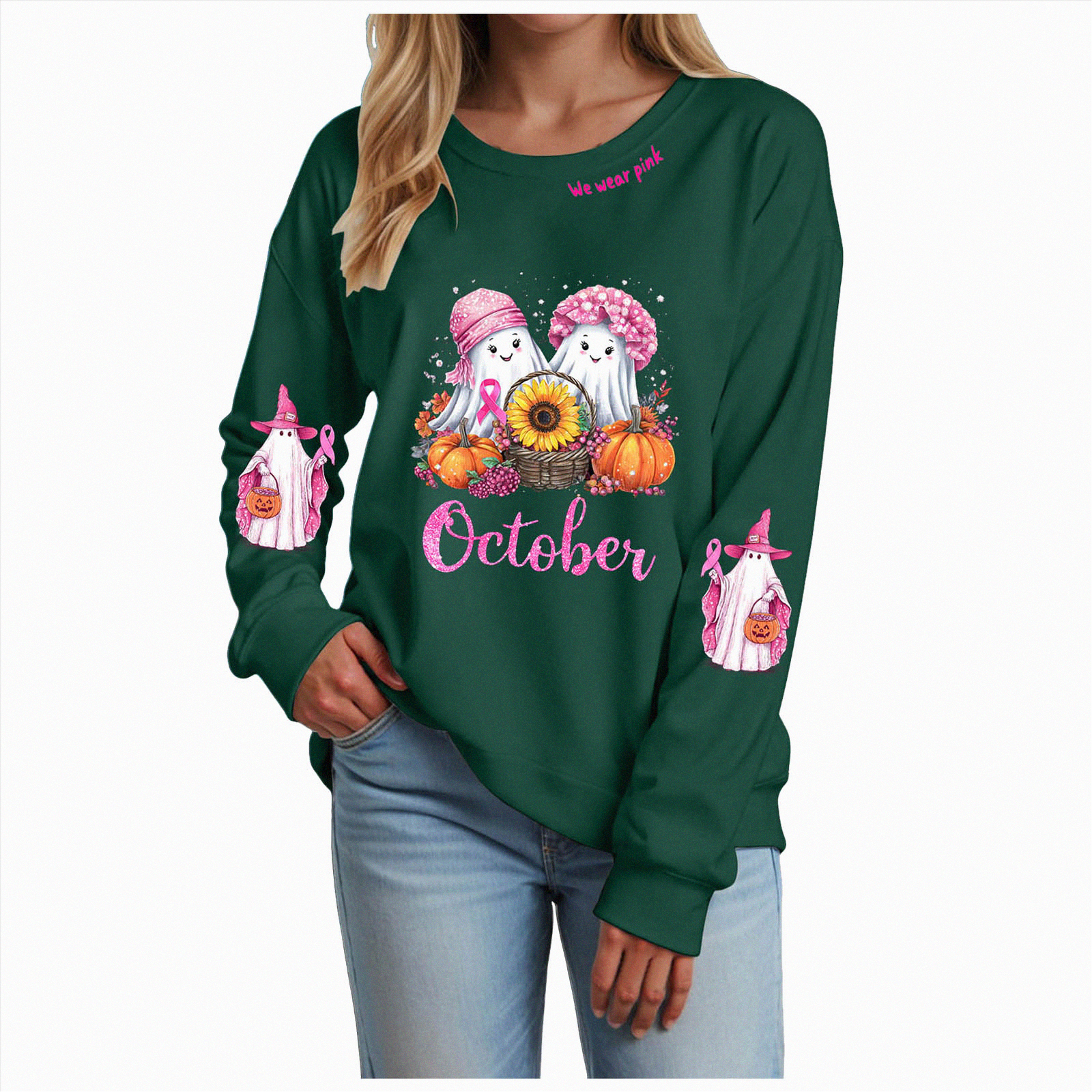 Women's Casual Button-Down Sweatshirt - Long Sleeve Crewneck Pullover In Green