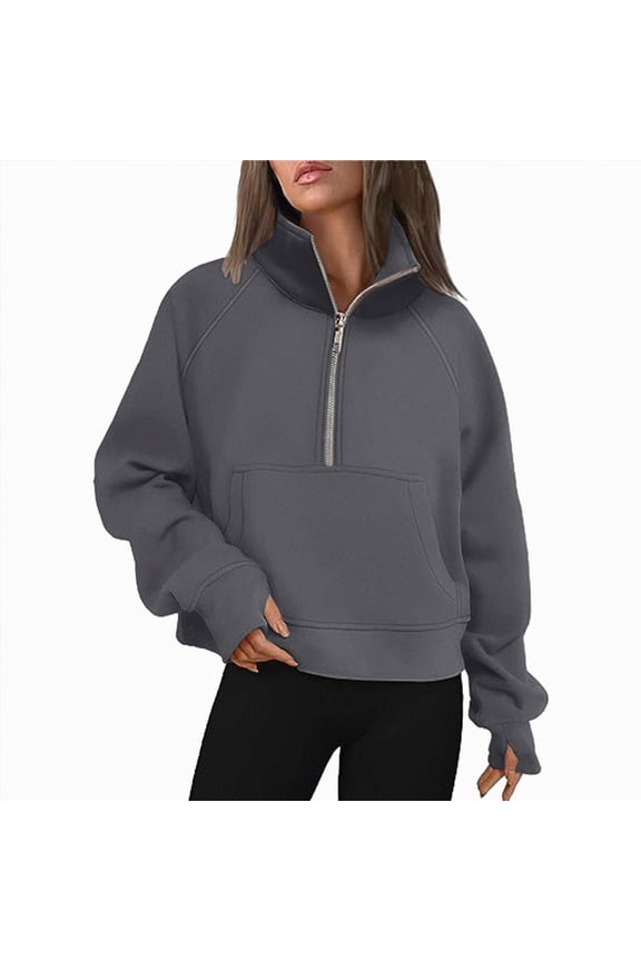 Women Half Zip Pullover Sweatshirts Casual Jacket Winter Warm Jackets with Pockets(Grey,L)