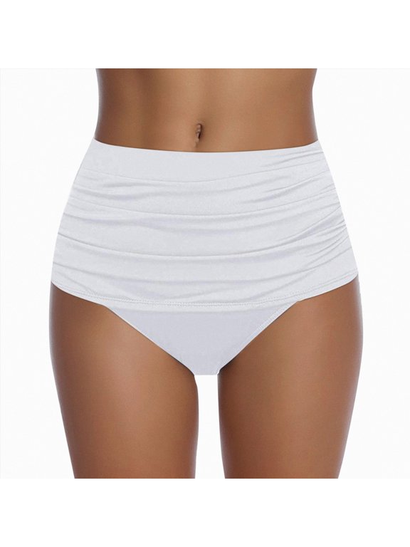 Women High Waisted Bikini Bottoms High Cut Triangle Swimwear Comfortable Beach Vacation Swim Shorts(White,S)
