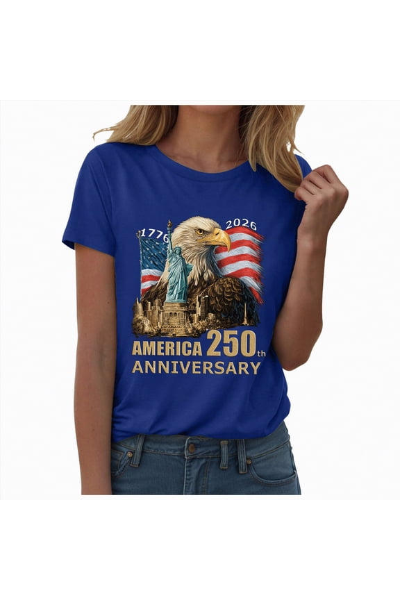 Women T-Shirt Summer 250 Years America Anniversary 250th Independence Day Freedom T-Shirt(Blue,L)