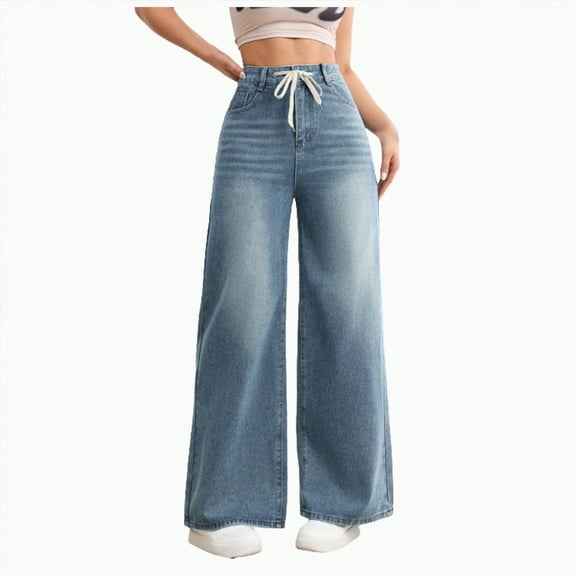 Ccpelsie Women's Adjustable Waist Baggy Jeans with Snap-Button Waistband Wide Straight Leg High Rise Jeans Denim Pants Y2K Trousers(Blue,XS)