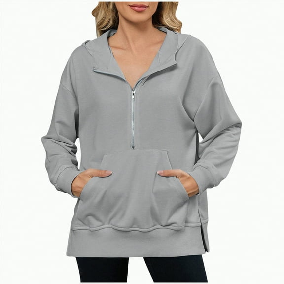 Ccpelsie Women's Fall Hooded Sweatshirts Long Sleeve Half Zip Hoodies Pullover Winter Fashion Clothes(Grey,M)
