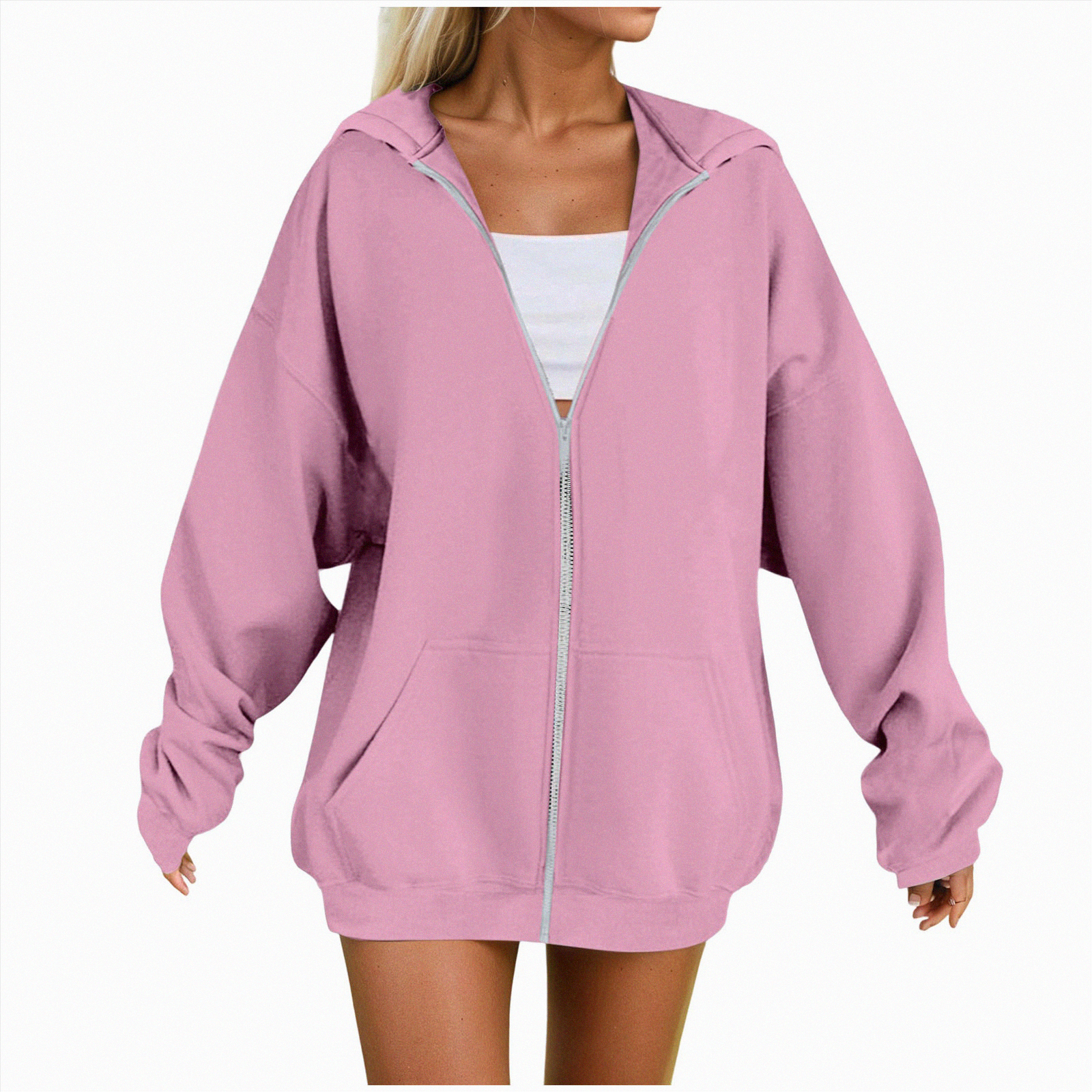 LYHIPSS Women's Oversized Full Zip Hoodie – Lightweight Long Sleeve Drawstring Jacket With Pockets - View #3