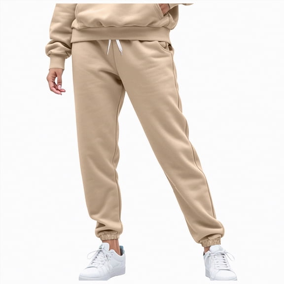 Ccpelsie Women's Soft Comfortable Sweatpants Winter High Waisted Sweatpants Drawstring Baggy Jogger Pants(Khaki,XXL)