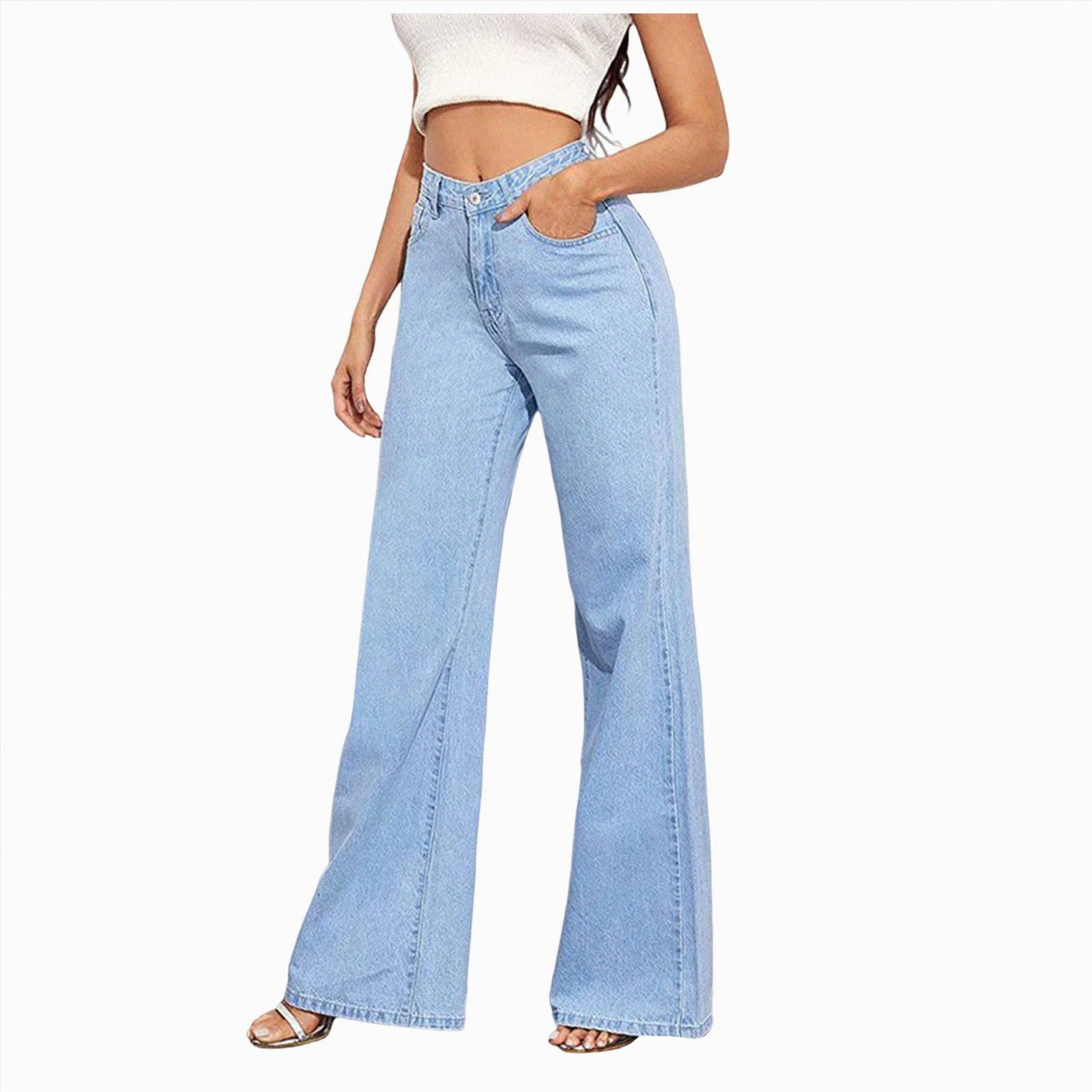 Allimy Jeans Svasati Donna Vita Alta – Pantaloni Denim Elasticizzati A Gamba Dritta Con Orlo Grezzo, Azzurro Chiaro, Taglia 52