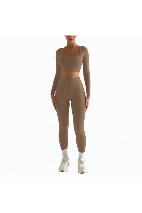 Womens 2 Piece Workout Sets Athletic Yoga Sets Pilates Gym Outfits Butt Lifting Leggings and Sports Bra(Khaki,L)