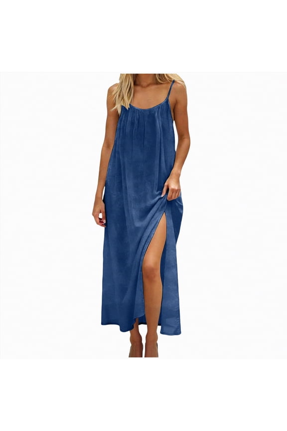 Womens Dress Summer Casual Sleeveless Spaghetti Strap Sundress Beach Vacation Long Dress(Blue,S)