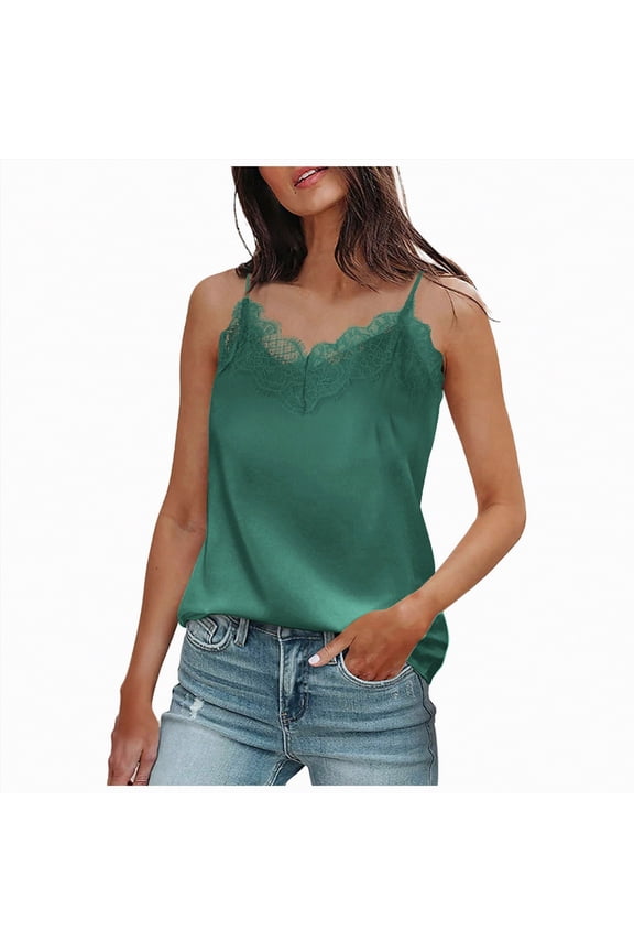 Womens Silk Satin Tank Top V Neck Camisole Cami Spaghetti Strap Top Loose Sleeveless Blouses Tank Shirt(Green,XL)