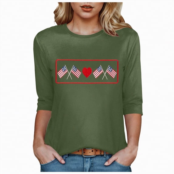 Ccpelsie Womens Tops Summer Clothing for Women 3/4 Sleeve T-Shirt Independence Day Print Crewneck Causal Trendy Tops(Green,M)