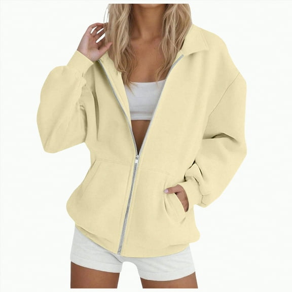 Ccpelsie Womens Zip Up Hoodies Oversized Sweatshirts Fall School Fashion Outfits Casual Jackets Winter Clothes(Beige,S)