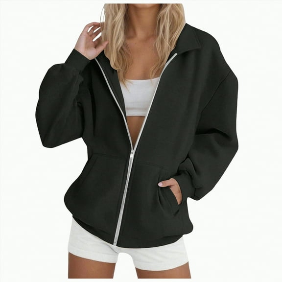 Ccpelsie Womens Zip Up Hoodies Oversized Sweatshirts Fall School Fashion Outfits Casual Jackets Winter Clothes(Black,M)