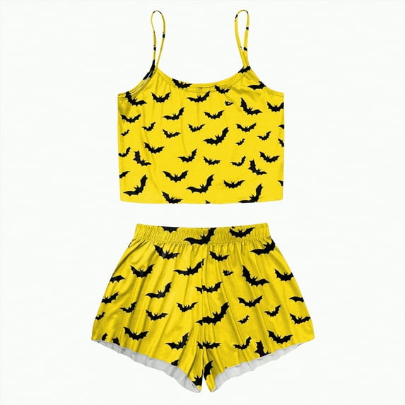 Ccpelsie Women Soft Sleeveless Tank Top Shorts 2 PC Halloween Print Pajama Set(Yellow,XXL)