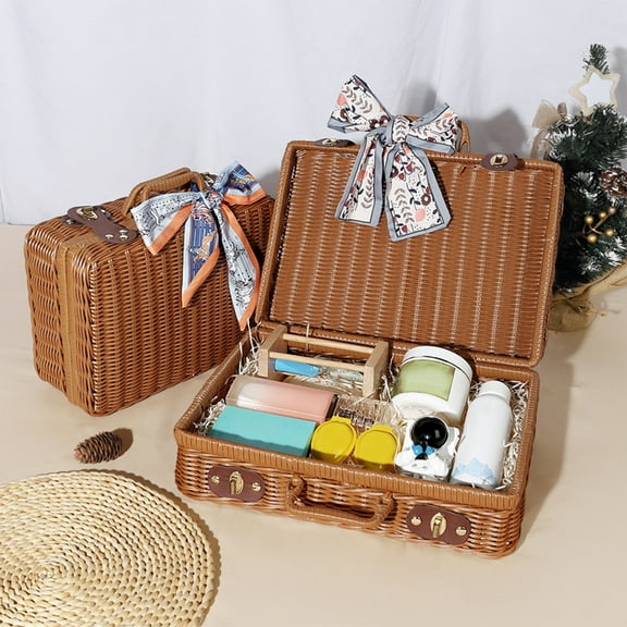 Ccwuwei Imitation Woven Suitcase - Decorative Storage Box Plastic Rattan Style Gift Packaging for Wedding Favors & Home, 10.2 x 7.5 x 4.3 in, (Brown)
