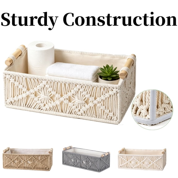 Ccwuwei Macrame Storage Basket, Handmade Toilet Paper Basket, Boho Woven Decor, Small Countertop Organizer with Handles for Shelf, Living Room, Bedroom, Home,Office - White
