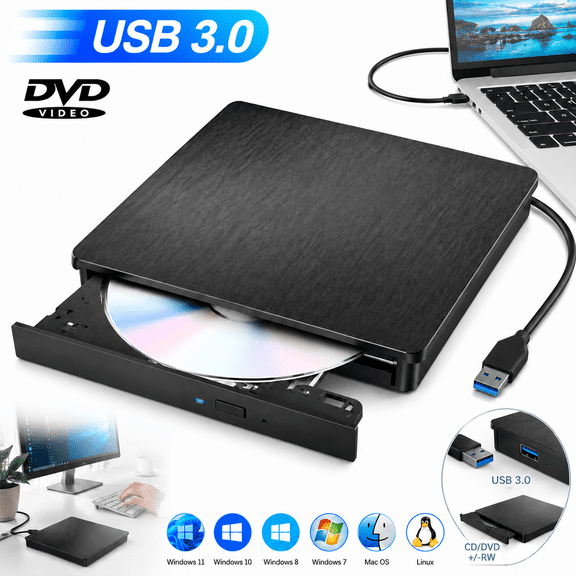 Cd Burner,USB 3.0 Portable CD DVD +/-RW Optical Drive, External CD DVD Drive, DVD/CD ROM Rewriter Burner, Compatible with Laptop Desktop PC Windows Linux OS Mac