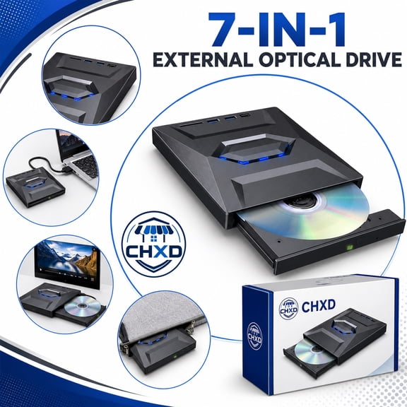 Cd Player 7-in-1 External USB DVD Drive & Blu-Ray Player, Portable Optical Drive for Laptop & PC, CD/DVD Burner & Reader, USB External Drive for Disc Playback