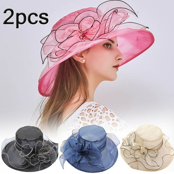 Cdar 2pcs Vintage Women Wide Brim Sun Hat Wedding Tea Party Church Lady Cap