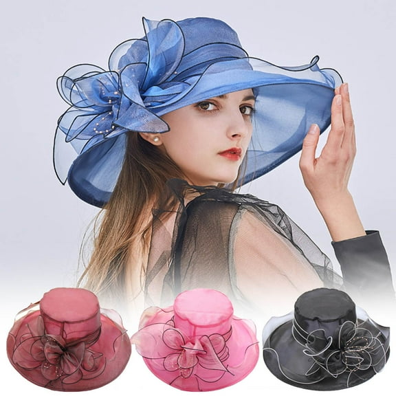Cdar Womens Ruffle Floral Organza Wide Brim Sun Hat Tea Party Church Occasional Cap
