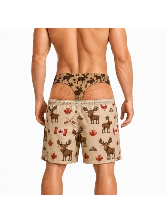 3D Funny Swim Trunks for Men Butt Cheek Patriotic Beach Shorts Hairy Legs Mens Print Quick Dry Bathing Suit(W648-Beige)