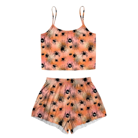 Cdudpw Cute Pajamas for Women Halloween Print Top and Shorts Pj Set Two Piece Pajama Set Sleepwear Sleep Outfits(T144-Orange)