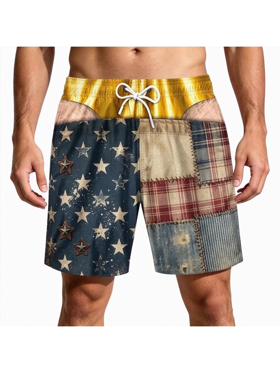 Funny Mens Swim Trunks Cheeky Shorts Butt Cheek Patriotic Beach Short Hairy Legs 3D Print Quick Dry(W651-Yellow)
