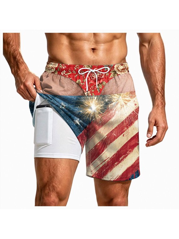 Funny Patriotic Men Swim Trunks, 3D Pattern Fake Briefs Mens Swim Shorts, Quick Dry Beach Shorts, Funny Gifts for Mens(W659-Gold)
