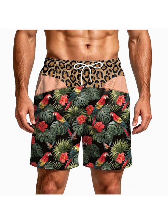 Funny Swim Trunks Tropical Palm Print Mesh Lining Beach Shorts(W640-Dark Green)