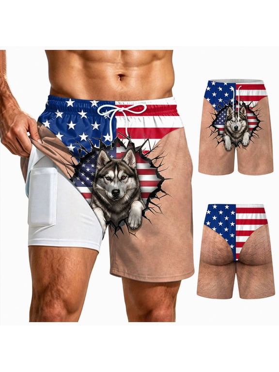 Funny Swim Trunks for Men Hairy Butt Cheek Patriotic Beach Shorts 3D Print Legs Quick Dry Swimwear(W646-Red)
