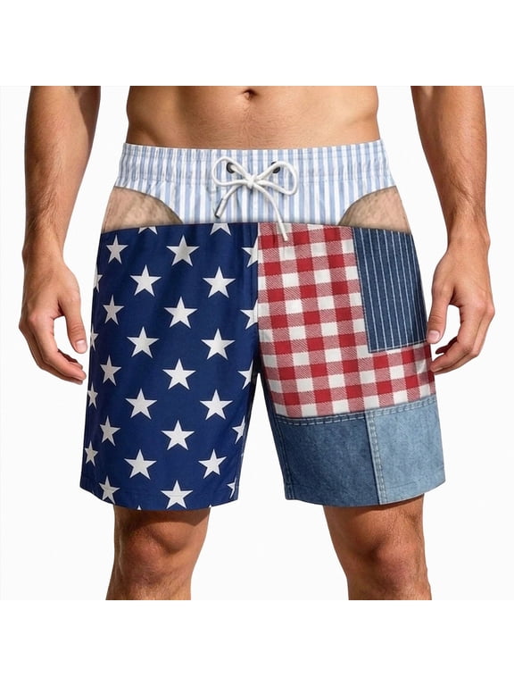 Funny Swim Trunks for Men, Patriotic Hairy Butt Quick-Dry Shorts, Mens Fun Swimshorts, Patriotic Prints(W652-Blue)