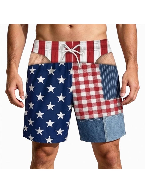 Funny Swim Trunks for Men, Patriotic Hairy Butt Quick-Dry Shorts, Mens Fun Swimshorts, Patriotic Prints(W652-Sky Blue)
