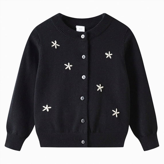 Cdudpw Girl's Flower Button Down Knitted Cardigan Loose Cute Crop Sweater Outwear(M240-Black)