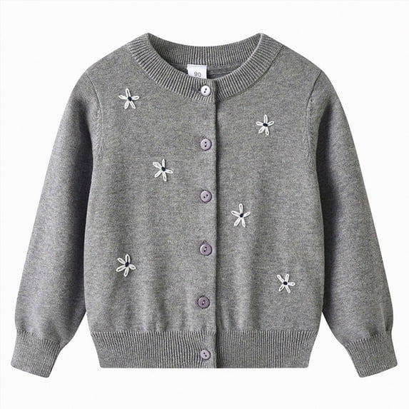 Cdudpw Girl's Flower Button Down Knitted Cardigan Loose Cute Crop Sweater Outwear(M240-Dark Gray)