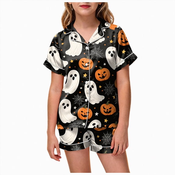 Cdudpw Halloween Pajamas Set Girl 2 Piece Short Sleeve Button Down Loungewear Pjs Shorts Pajama Outfits Sleepwear(A032-Beige)