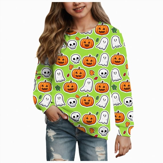 Cdudpw Kids Boy Girl Crewneck Halloween Sweatshirt Pumpkin Graphic Print Halloween Shirt Long Sleeve Tops(M119-Green)