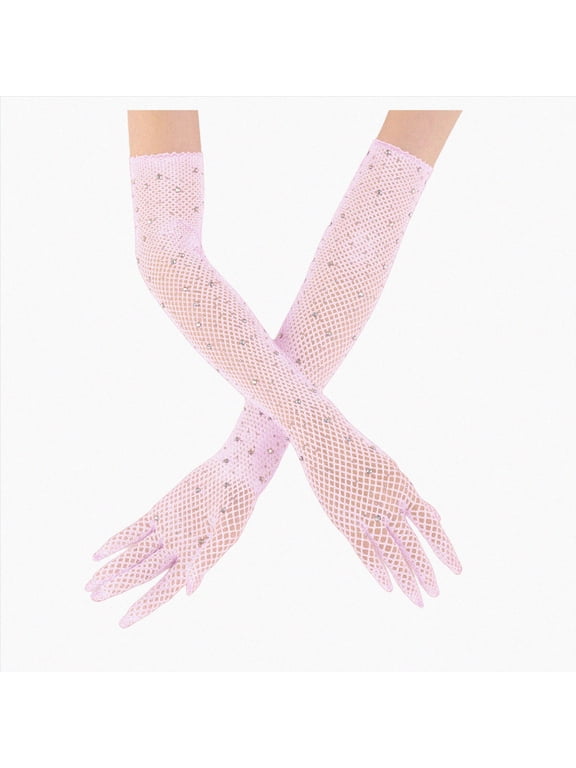 Long Rhinestone Fingerless Fishnet Gloves Steampunk Punk Fish Net Arm Sleeve 80s Costume Halloween for Women Girls(Pink)