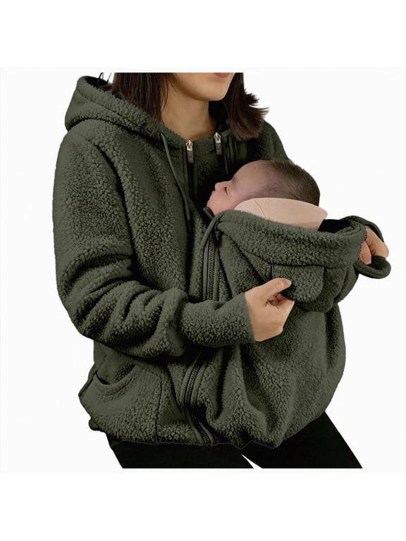Maternity Coat Winter Cozy Carrier Mom Coats Sherpa Jacket 3-In-1 Sherpa Fleece Jacket,Zipper Maternity and Kangaroo Carrier Coat Clothes(S356-AG)