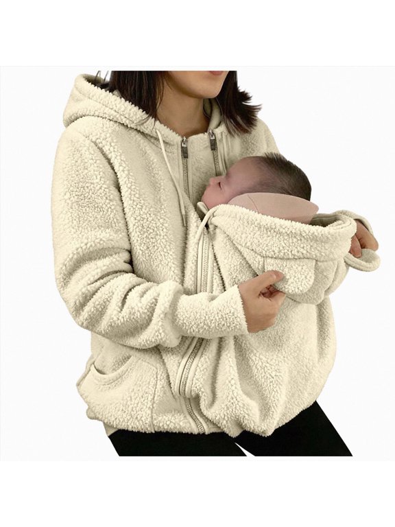 Maternity Coat Winter Cozy Carrier Mom Coats Sherpa Jacket 3-In-1 Sherpa Fleece Jacket,Zipper Maternity and Kangaroo Carrier Coat Clothes(S356-Beige)