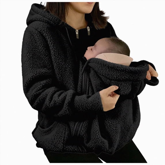 Cdudpw Maternity Coat Winter Cozy Carrier Mom Coats Sherpa Jacket 3-In-1 Sherpa Fleece Jacket,Zipper Maternity and Kangaroo Carrier Coat Clothes(S356-Black)