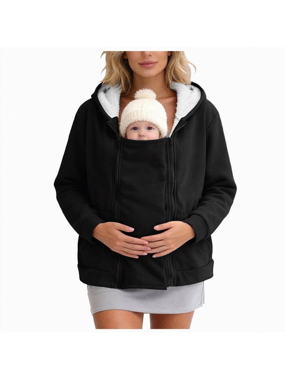 Maternity Coat Women's Kangaroo Sweatshirt for Mom and Baby Carrier Maternity Coat Fleece Jacket 3-In-1 Thicken Fleece Jacket,Zip Panels,Clothing(S355-Black)
