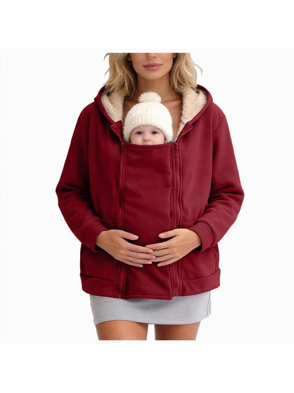 Maternity Coat Women's Kangaroo Sweatshirt for Mom and Baby Carrier Maternity Coat Fleece Jacket 3-In-1 Thicken Fleece Jacket,Zip Panels,Clothing(S355-Red)