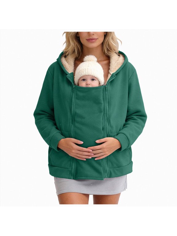 Maternity Coat Women's Kangaroo Sweatshirt for Mom and Baby Carrier Maternity Coat Fleece Jacket 3-In-1 Thicken Fleece Jacket,Zip Panels,Clothing(S355-Green)