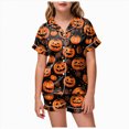 thumbnail image 1 of Cdudpw Toddler Girl Halloween Pajamas Set Ghost Print Short Sleeve Button Down Shirt Pants Fall Pjs Satin Outfits(A006-Black), 1 of 5