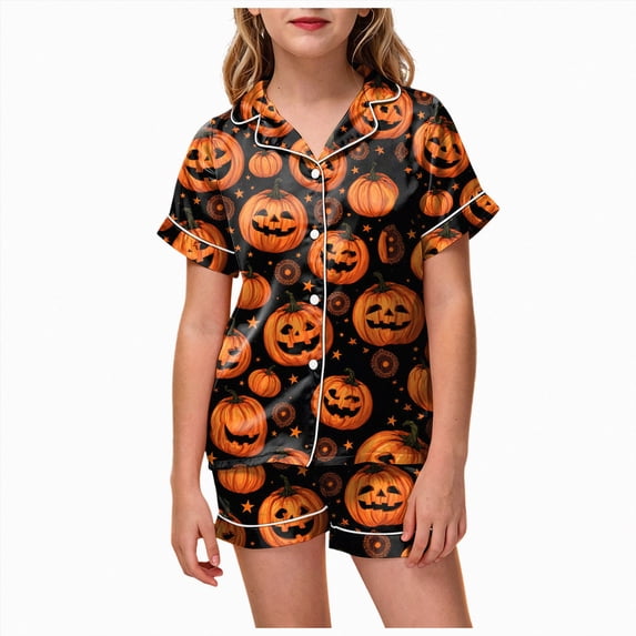 Cdudpw Toddler Girl Halloween Pajamas Set Ghost Print Short Sleeve Button Down Shirt Pants Fall Pjs Satin Outfits(A006-Black)
